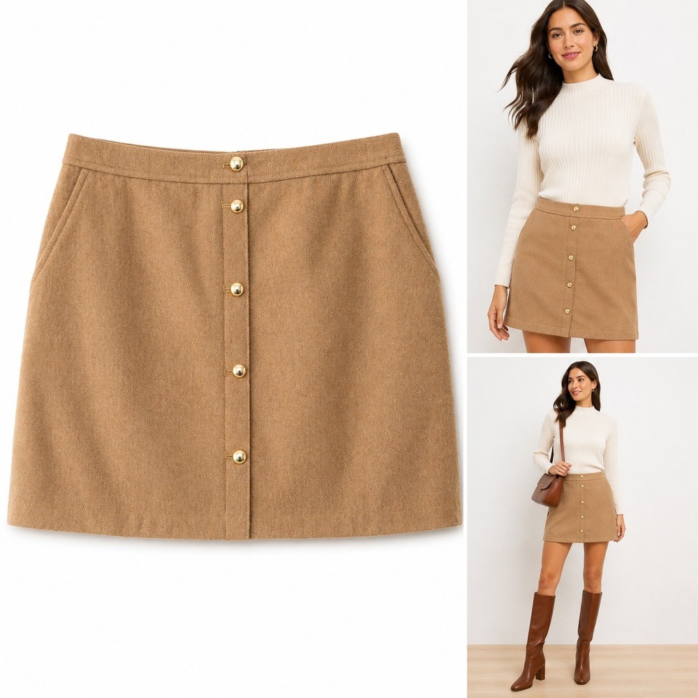 LOFT Button Front Skirt Womens 12 Tan Camel Wool Blend Gold Hardware Mini Pocket